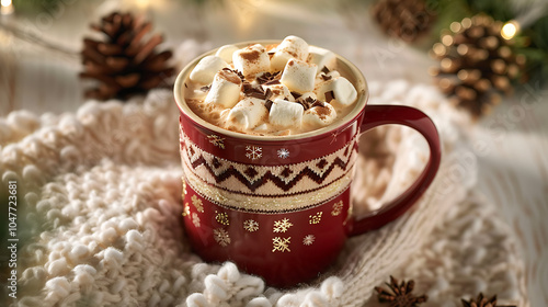 a cozy red mug adorned with a festive sweater pattern, filled with a warm beverage topped with fluffy marshmallows and a sprinkle of cocoa or chocolate