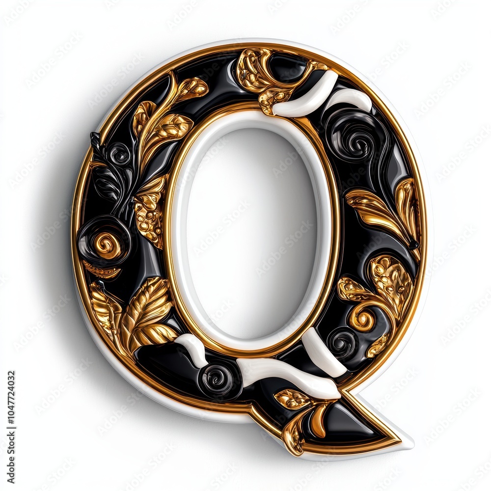 Stylish 3D Letter Q in Gold, Black, and White Design Stylish 3D Letter Q in Gold, Black, and White Design