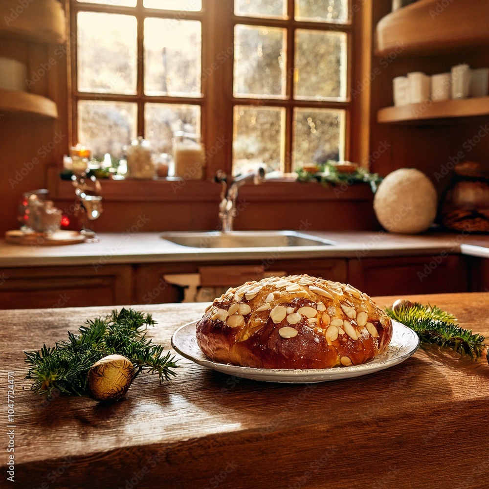 Freshly baked Marzipanbrot on a rustic table, sunlit kitchen, holiday charm, cozy atmosphere. Freshly baked Marzipanbrot on a rustic table, sunlit kitchen, holiday charm, cozy atmosphere.