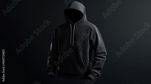 A black hooded sweatshirt with the hood pulled up, obscuring the face. The sweatshirt is isolated on a black background.