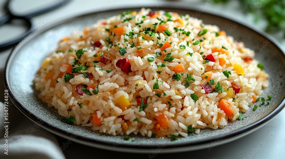 A plate of beautifully arranged rice with small health-related icons like a stethoscope, heart symbol, and insulin syringe embedded among the grains A plate of beautifully arranged rice with small health-related icons like a stethoscope, heart symbol, and insulin syringe embedded among the grains