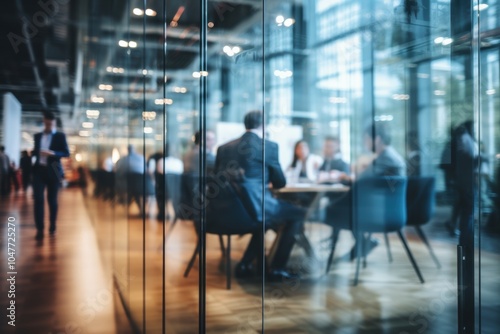 A blur of people sitting at a table in an office - People