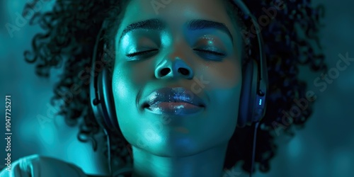 Portrait of a smiling woman wearing green and headphones in a studio, enjoying music. Young, made-up girl using wireless earphones to stream songs or podcasts for fun and relaxation