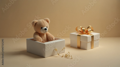 A Charming Teddy Bear Snuggled Next to a Pristine White Box Emitting Warmth and Nostalgic Comfort