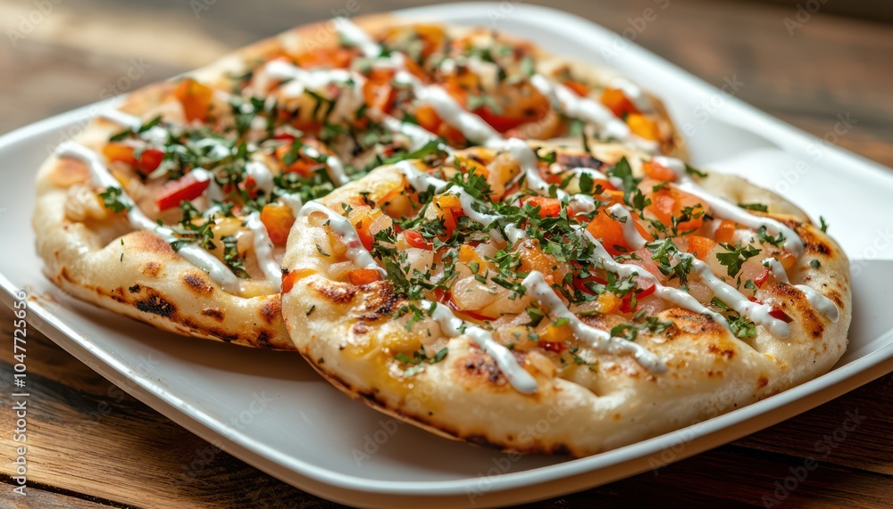 Indian street food kulcha showcased attractively on a white plate. Indian street food kulcha showcased attractively on a white plate.