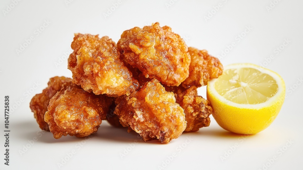 Japanese chicken karaage showcased against a clean white background. Japanese chicken karaage showcased against a clean white background.