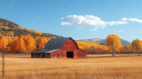 A serene autumn landscape featuring a red barn surrounded by vibrant foliage and golden fields.