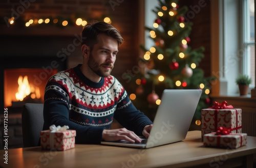 Man in a Christmas sweater working on a laptop near a fireplace, Christmas tree
