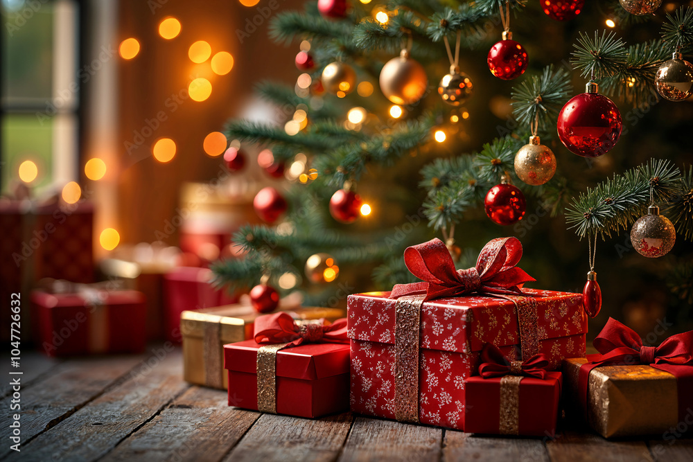 Festive Christmas scene with a beautifully decorated tree, adorned with red and gold ornaments, standing next to a window. The scene is filled with wrapped presents, ready for gifting. Festive Christmas scene with a beautifully decorated tree, adorned with red and gold ornaments, standing next to a window. The scene is filled with wrapped presents, ready for gifting.