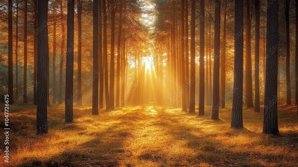 Fototapeta premium Sunlight streams through a dense pine forest, casting long shadows on the ground.