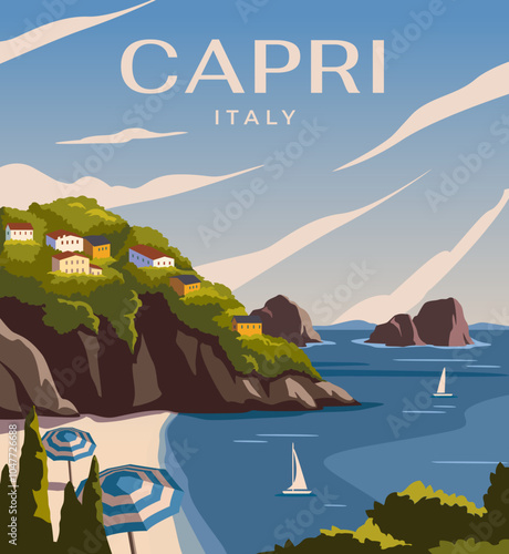 Capri Landscape, Italy. Poster design, wall poster, banner, cover, card. Modern design. Tourism concept. Flat vector illustration
