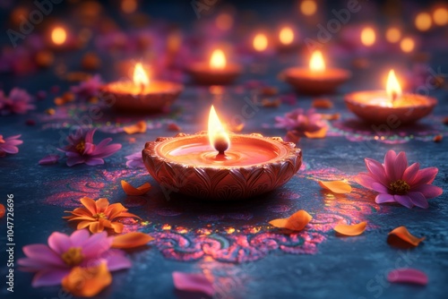 Warm Diwali Festive Ambiance with Glowing Diyas and Vibrant Flowers photo