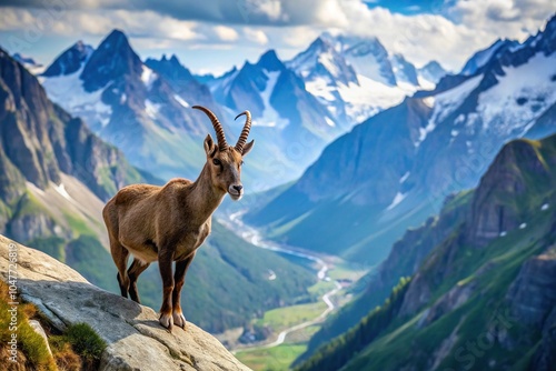 Symmetrical Bouquetinor Ibex on rocky alpine mountain looking down at Chamonix valley