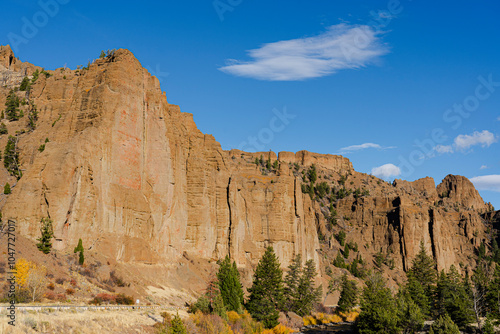 Look at the tall cliffs lining Scenic Byway 14-16-20 in Shoshone National Forest near Cody, Wyoming. Blue sky above & pine trees below make a scenic view for tourists.