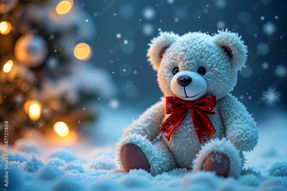 White teddy bear with a red ribbon around its neck, sitting on the snow-covered ground next to a Christmas tree. White teddy bear with a red ribbon around its neck, sitting on the snow-covered ground next to a Christmas tree.