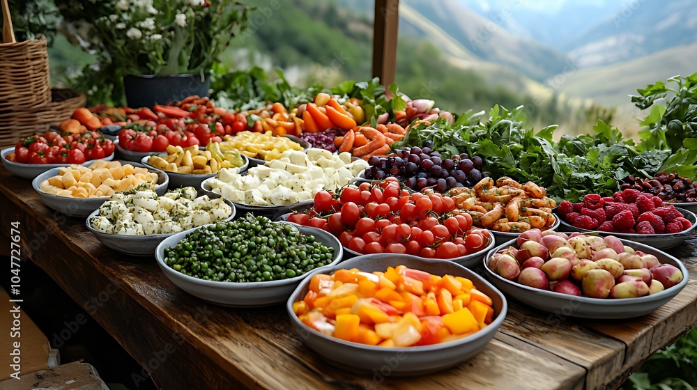 A rustic wooden table with a buffet of fresh, colorful vegetables, fruits, and cheeses. A rustic wooden table with a buffet of fresh, colorful vegetables, fruits, and cheeses.