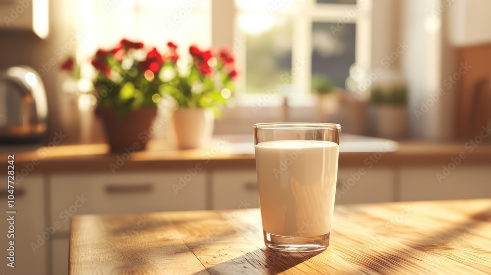 A cold glass of milk on a wooden table within a kitchen interior, with a springtime sunny day and space for decoration. A cold glass of milk on a wooden table within a kitchen interior, with a springtime sunny day and space for decoration.
