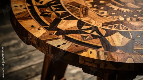 A beautifully crafted wooden table featuring marquetry designs inspired by cultural heritage and traditional motifs. 