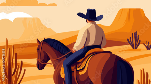 A cowboy riding a horse through a desert landscape at sunset. A cowboy on horseback gazes over a vast desert, capturing the essence of a western adventure, vector illustration.