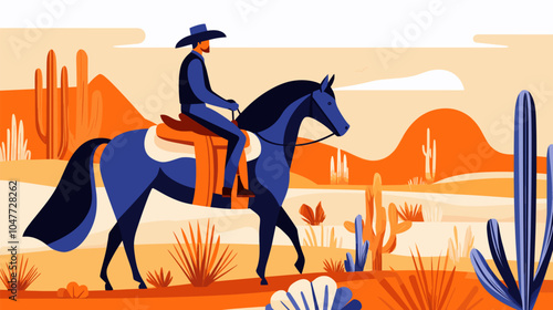 Cowboy riding a horse through a desert landscape at sunset with cacti. A cowboy is riding a horse in the desert, showcasing the vibrant landscape and sunset, vector illustration.