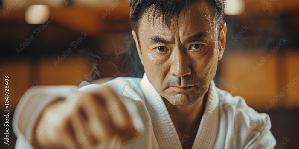 Obraz premium Mature man practicing Aikido with a sword, focusing on self-defense and combat techniques in a disciplined environment, enhancing skills with weapon training