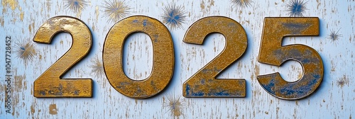 An abstract background featuring the year '2025' in gold and silver with holiday fireworks and a light indigo backdrop
