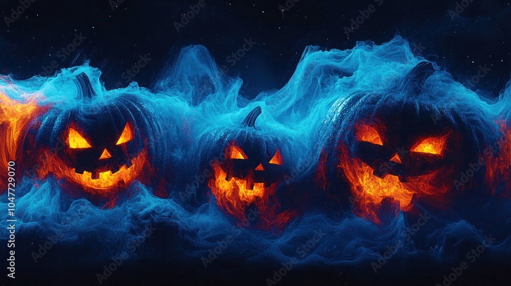 Three glowing jack-o'-lanterns with evil grins are engulfed in blue smoke against a dark starry night. Three glowing jack-o'-lanterns with evil grins are engulfed in blue smoke against a dark starry night.