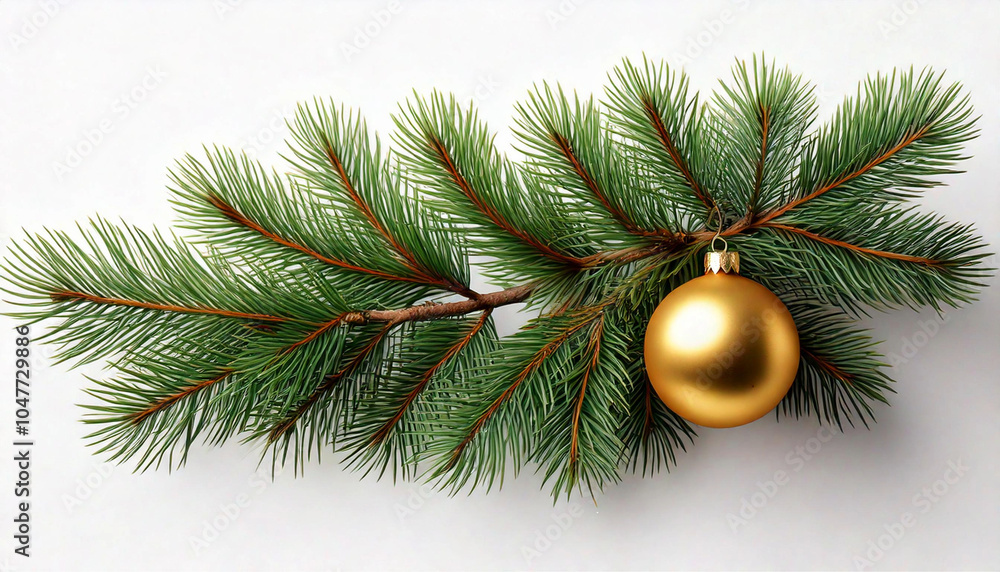 Um galho verde da árvore de Natal com uma bola dourada e fundo branco. Um galho verde da árvore de Natal com uma bola dourada e fundo branco.