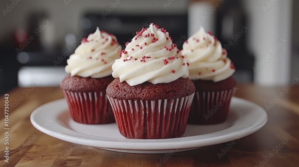 Three red velvet cupcakes with white frosting and red sprinkles on a white plate. Three red velvet cupcakes with white frosting and red sprinkles on a white plate.