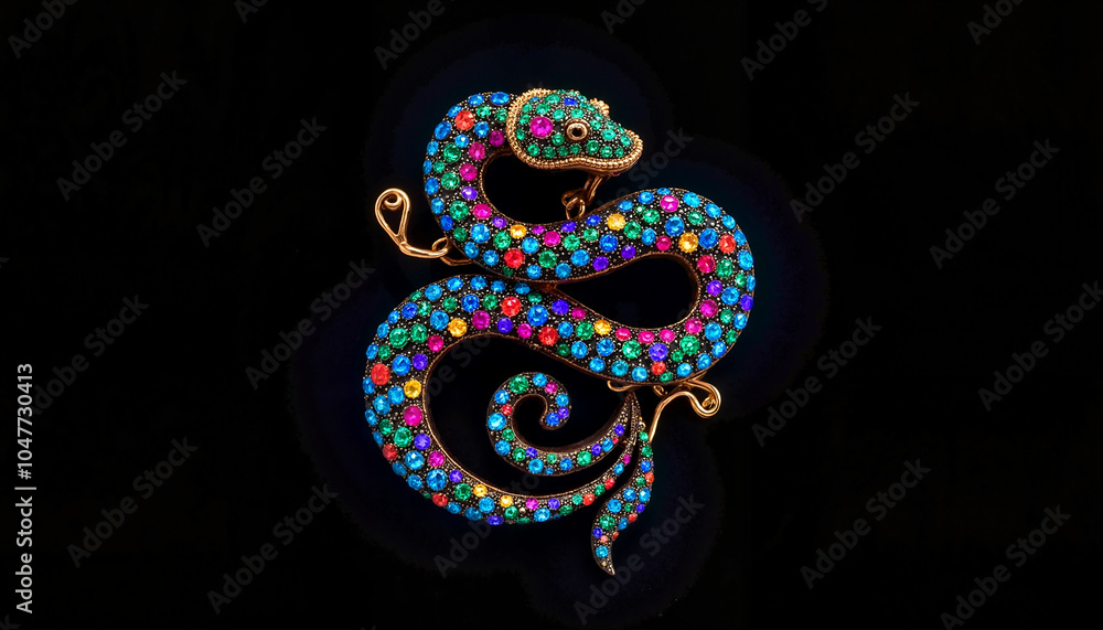 Ornate Snake Brooch in Turquoise and Gold Gems Against Black Background Ornate Snake Brooch in Turquoise and Gold Gems Against Black Background
