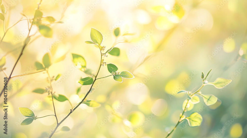 Delicate green leaves illuminated by soft sunlight in a serene outdoor setting Delicate green leaves illuminated by soft sunlight in a serene outdoor setting