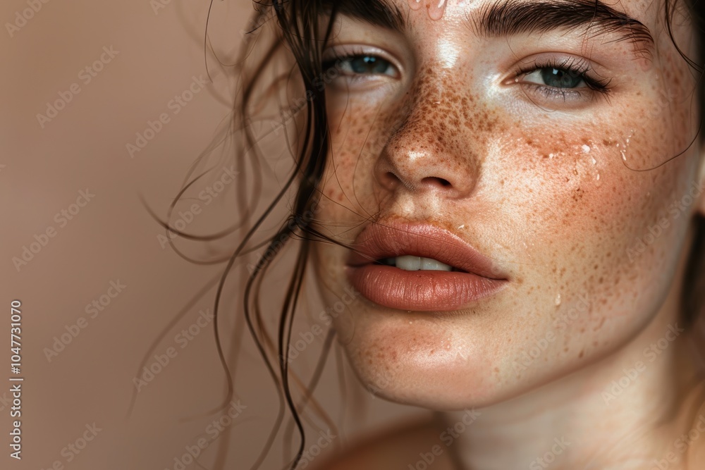 Female beauty and hair care with skincare products and makeup advertising in a neutral studio setting. Focus on shampoo and self-care essentials Female beauty and hair care with skincare products and makeup advertising in a neutral studio setting. Focus on shampoo and self-care essentials