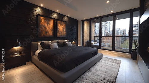 Deep black accent wall in a modern bedroom featuring a triptych of rich-toned artwork, creating a focal point.