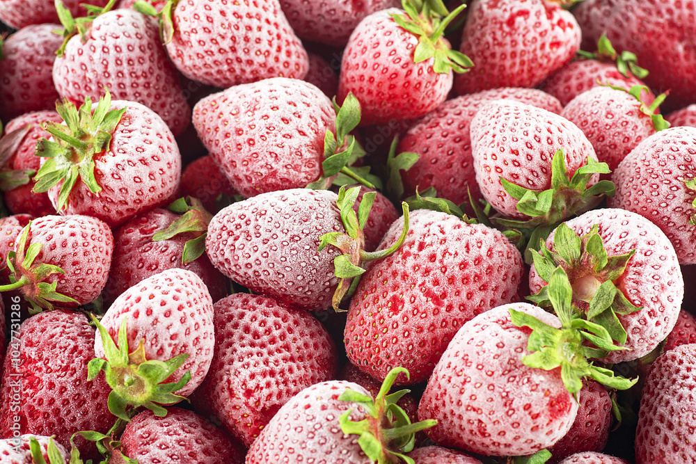 Whole frozen strawberries as background. Pile of frozen strawberries. Whole frozen strawberries as background. Pile of frozen strawberries.