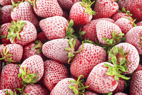 Whole frozen strawberries as background. Pile of frozen strawberries.