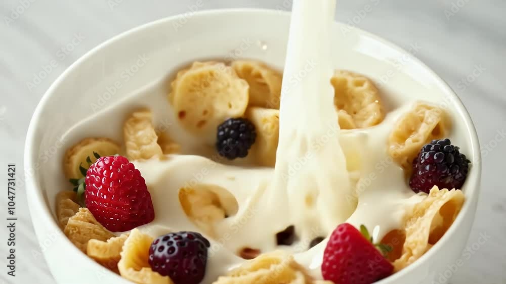 highspeed 4K slowmotion video milk seen pouring bowl crunchy corn flakes accompanied fresh raspberries strawberries captured stunning detail ingredients come together create delicious breakfast scene highspeed 4K slowmotion video milk seen pouring bowl crunchy corn flakes accompanied fresh raspberries strawberries captured stunning detail ingredients come together create delicious breakfast scene