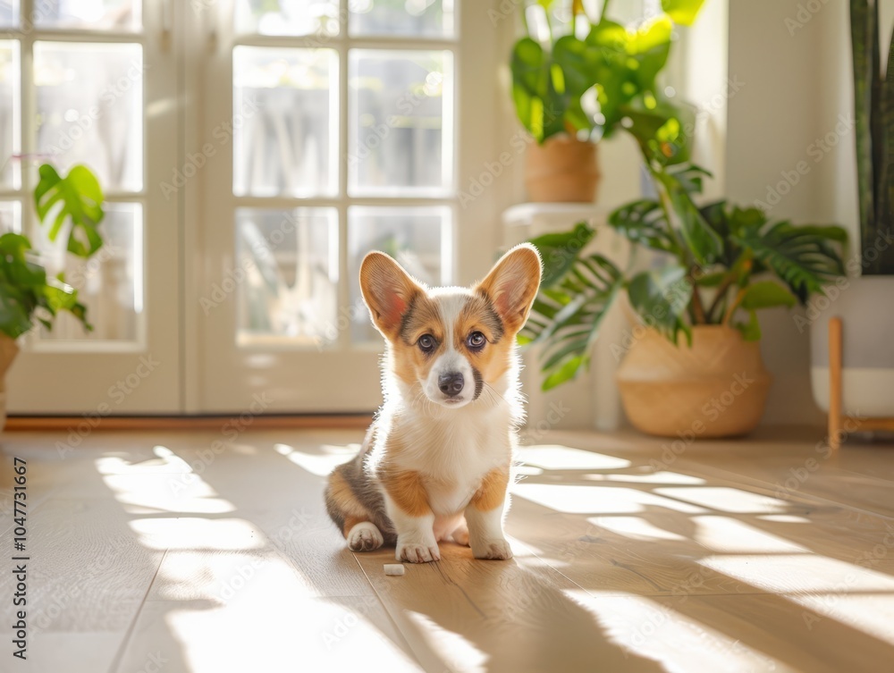 A corgi puppy sitting on the floor in a bright, sunlit room A corgi puppy sitting on the floor in a bright, sunlit room
