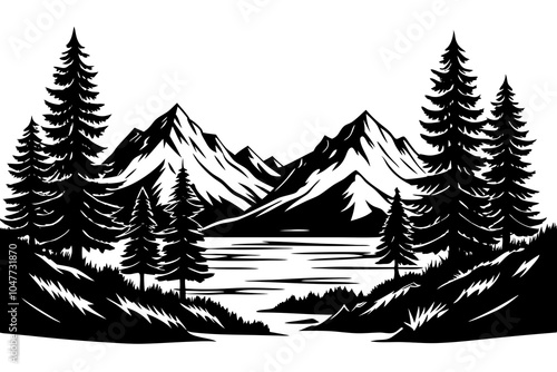 A serene landscape silhouette featuring mountains, trees, and a sunset backdrop, perfect for capturing tranquility and beauty
