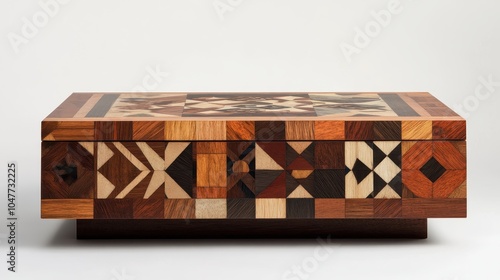 A coffee table featuring a mosaic of marquetry patterns inspired by various cultural traditions and techniques. 
