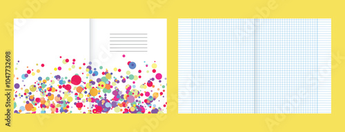 School notebook cover and realistic lined paper blank size reversal A5. Graph paper. Printable squared grid paper with color lines. Geometric background for school, book, diary