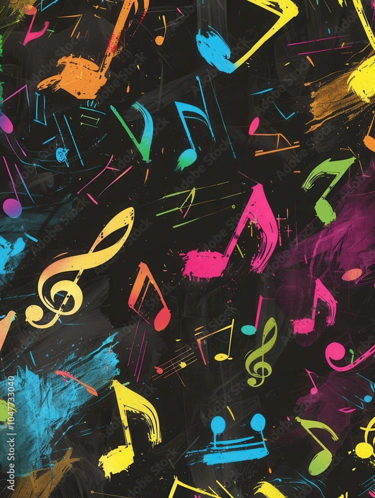 Obraz premium Colorful brushstrokes cover a black chalkboard, intermingling with musical notes and symbols for an expressive artistic display. Generative AI