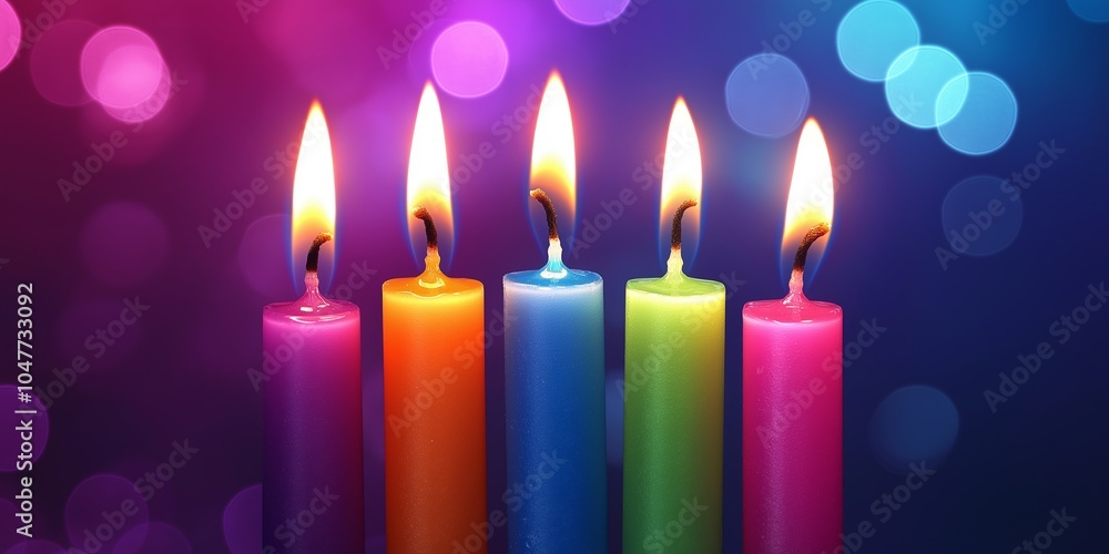 Five brightly colored candles lit against a soft, blurred background of purple and blue bokeh, creating a festive atmosphere Five brightly colored candles lit against a soft, blurred background of purple and blue bokeh, creating a festive atmosphere