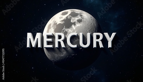 3D render of the planet Mercury with large bold text across its surface.