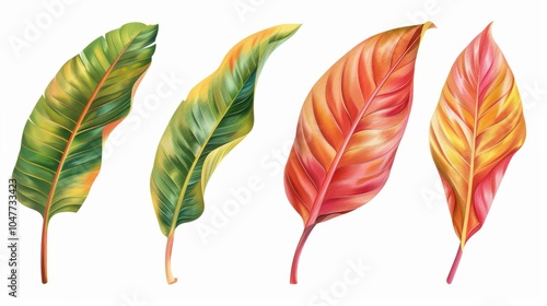 Vibrant Tropical Leaves with Gradient Green, Yellow, and Red Hues photo