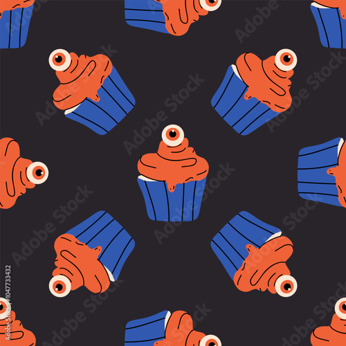 Seamless pattern featuring whimsical cupcakes with playful eyes, perfect for adding a fun and quirky touch to Halloween-themed designs