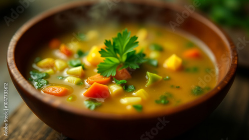 A Heartwarming Bowl of Colorful Vegetable Soup Served in a Rustic Wooden Bowl for a Cozy Meal