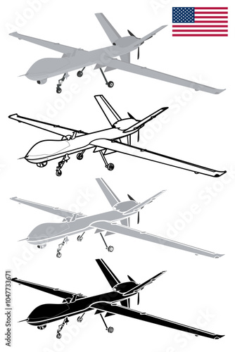 Military drone UAV 3D blueprint vector illustration USA