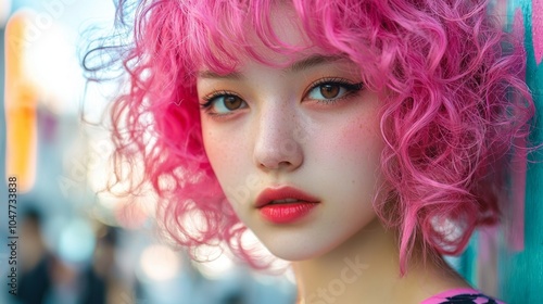Teen White Woman with Pink Curly Hair photorealistic illustration.