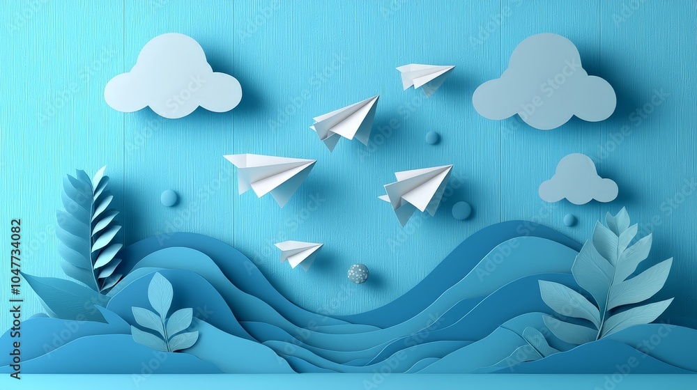 A serene blue landscape with paper airplanes and clouds, evoking creativity and imagination. A serene blue landscape with paper airplanes and clouds, evoking creativity and imagination.