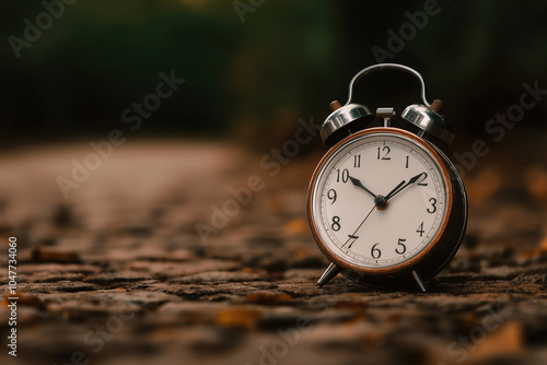 Vintage alarm clock on a stone path surrounded by nature during the golden hour